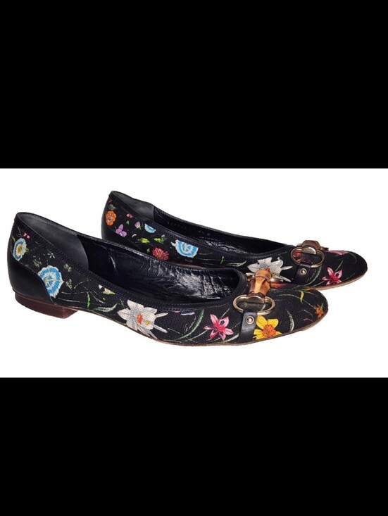 Gucci Shoes - Gucci Floral Flats Horse-bit Leather Fabric Black Shoes Bamboo Detail Italy9.5 B